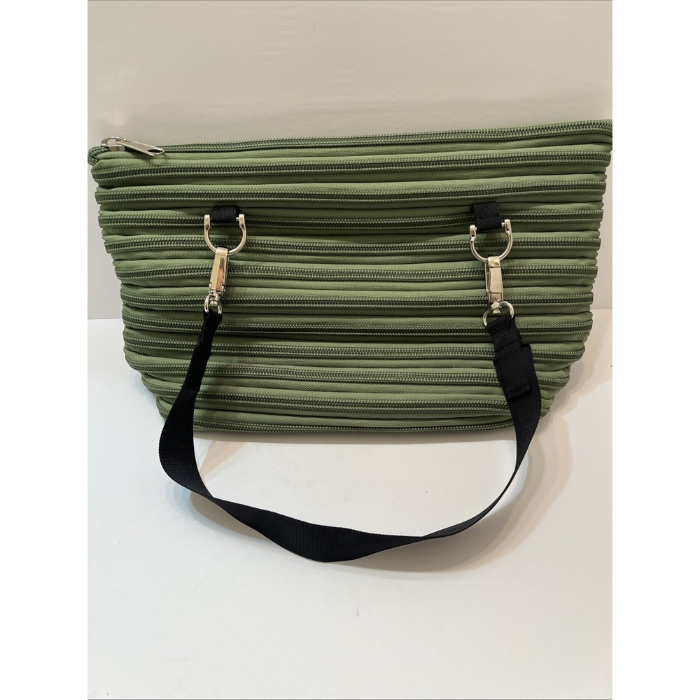 Bam Bags Zipper Shoulder Bag Avacado Green Black Strap Silver Hardware 16x10x5"